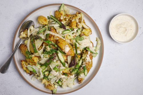 Potato, Asparagus and Fennel Salad on a Serving Platter