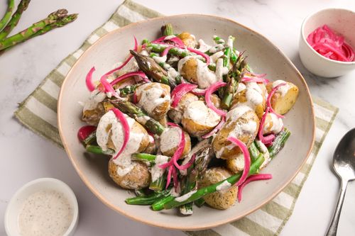 Potato, Green Bean and Asparagus Salad in serving bowl