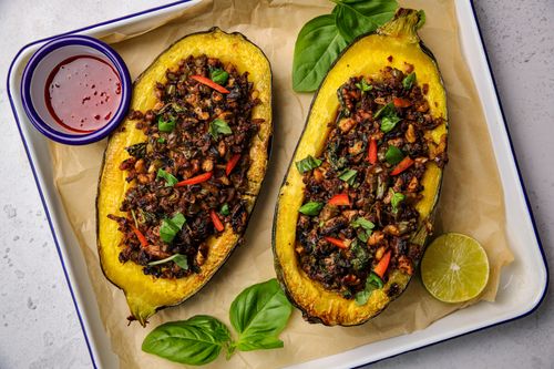 Baked stuffed kamo kamo on a tray