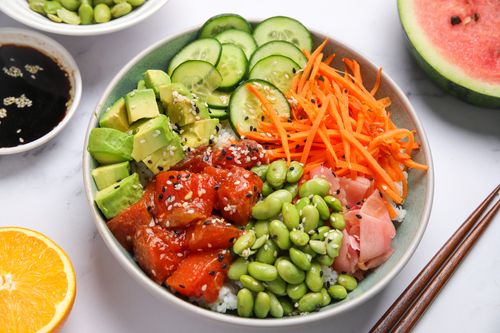Watermelon poke bowl with chopsticks