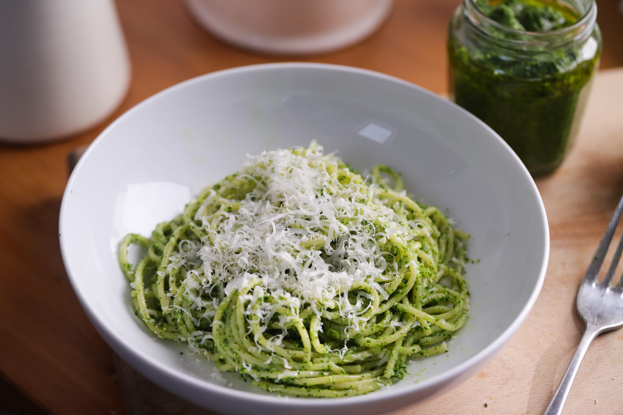 Bright green kale pesto spaghetti