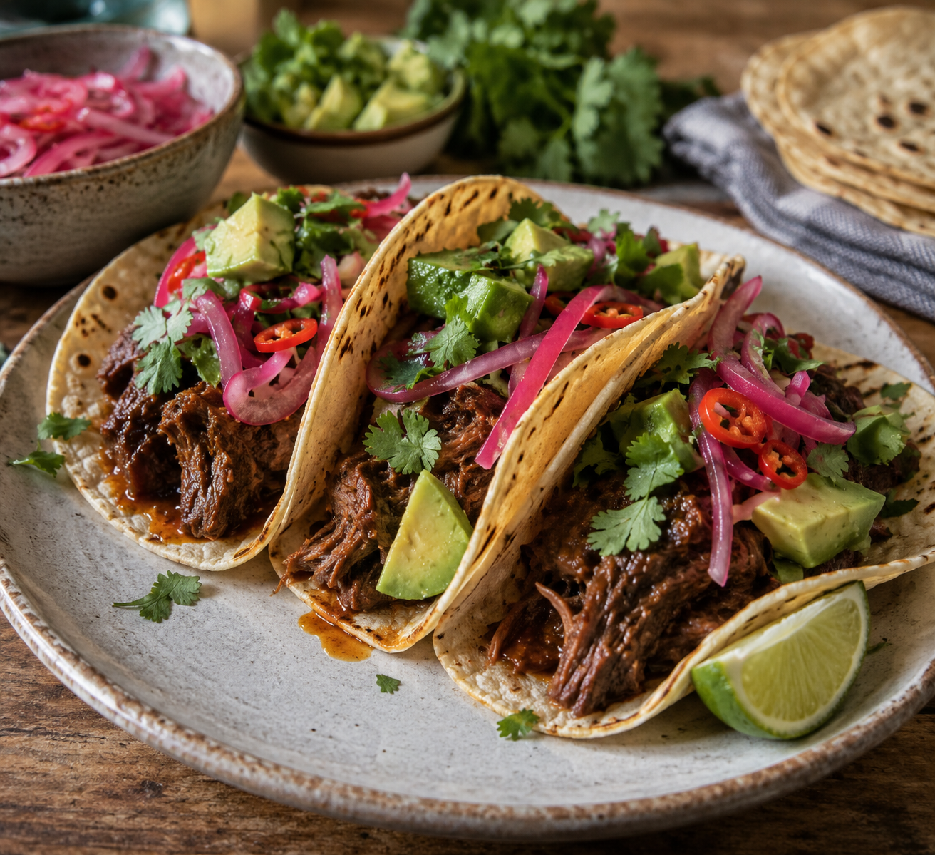 Sticky Mexican-style pulled beef brisket served with quick-pickled red onions, avocado, lime, coriander and warm charred tortillas.