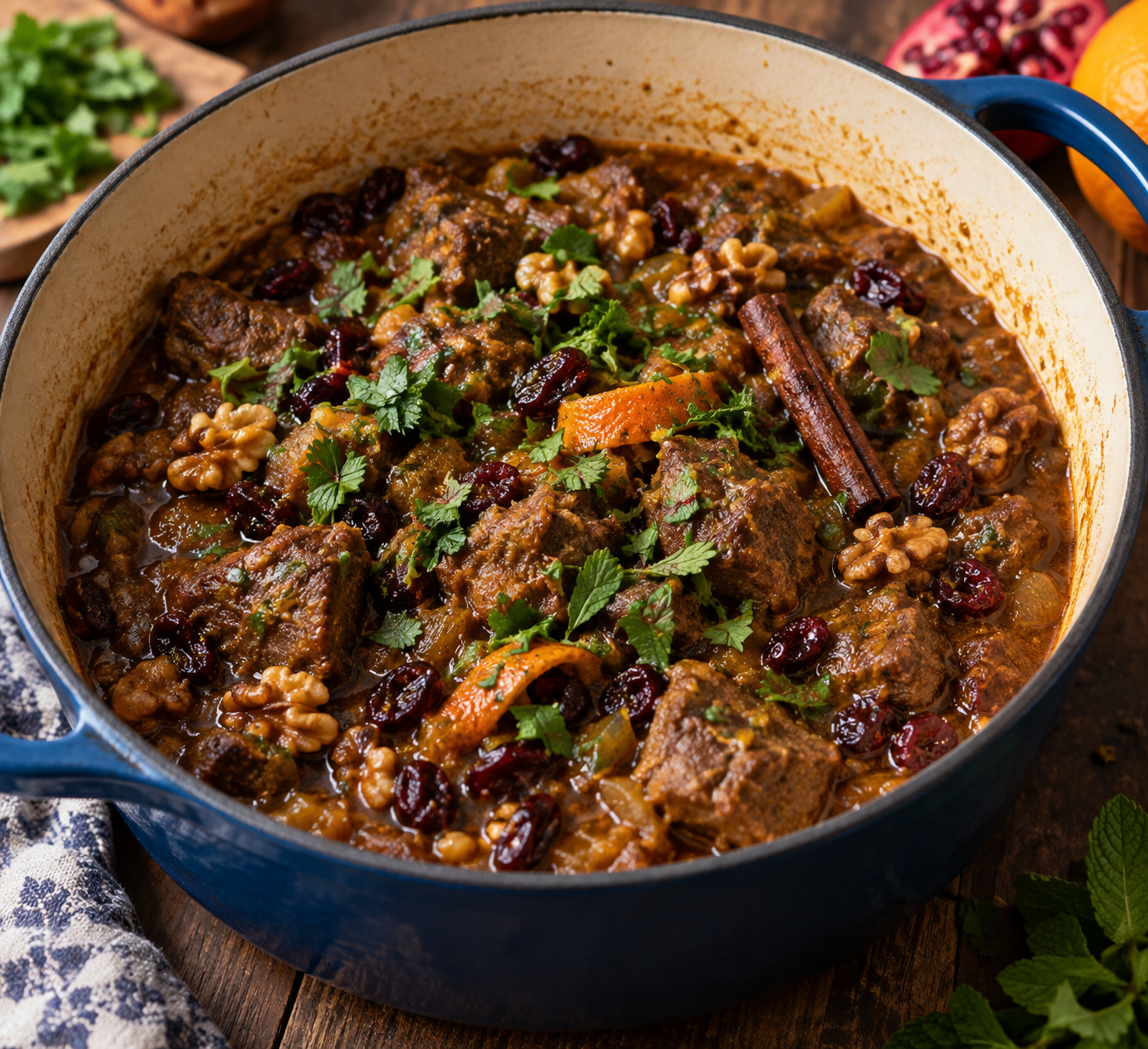 Slow-cooked diced lamb shoulder with toasted walnuts and cranberries in a glossy pomegranate sauce, topped with fresh parsley and mint, served in a cast-iron Dutch oven.