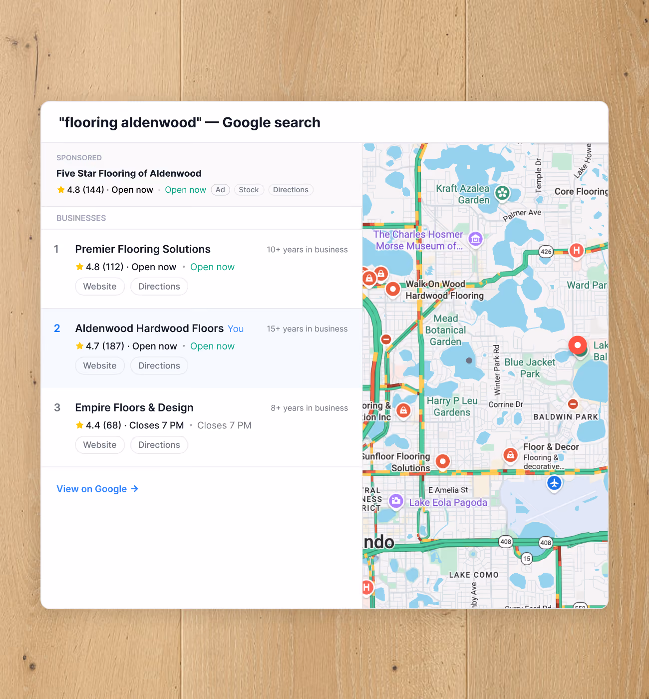 Google search results and map pack showing a local flooring business ranked at the top