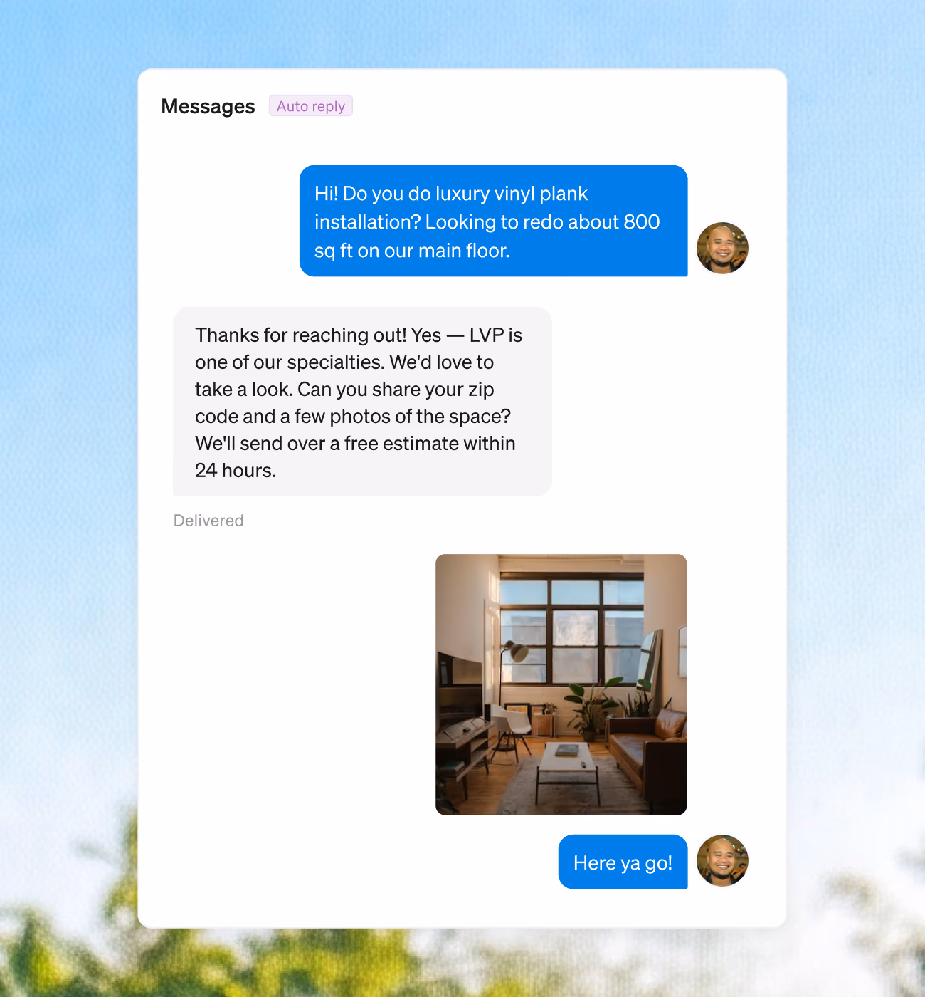 Text conversation where Blaze answers and qualifies an incoming job enquiry