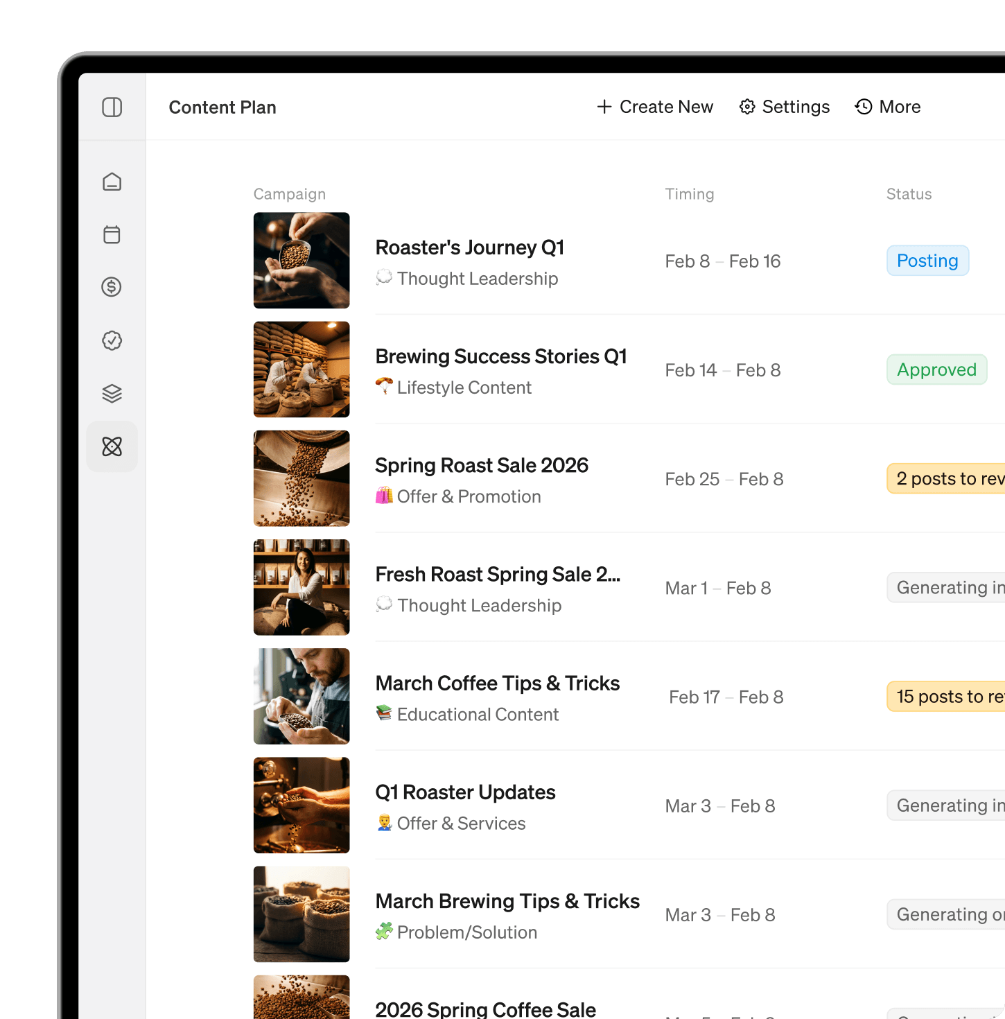 Blaze Content Plan with campaigns, publishing dates, and approval statuses