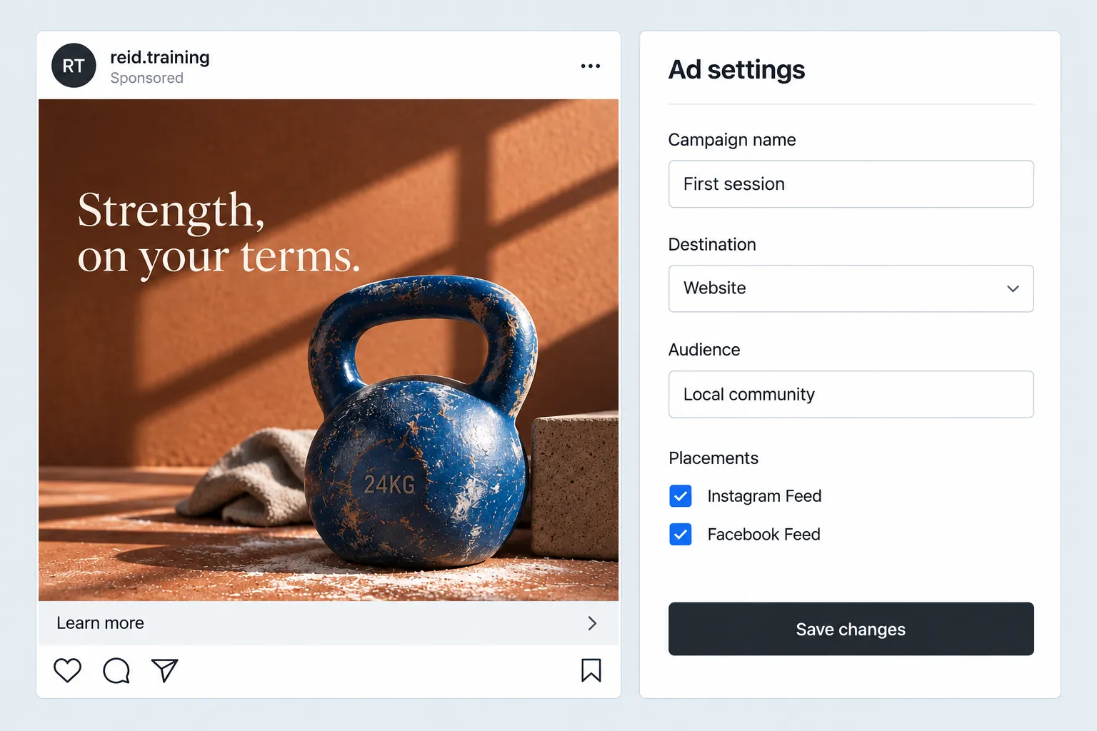 Illustrative Reid Training paid ad and settings