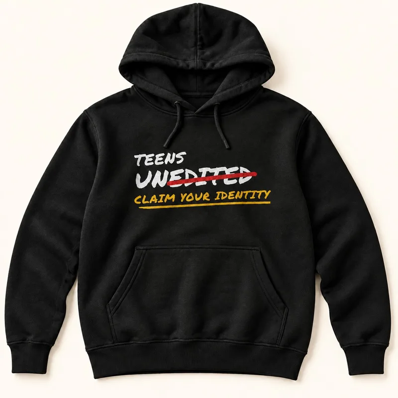 Black hoodie with the Teens UnEdited badge