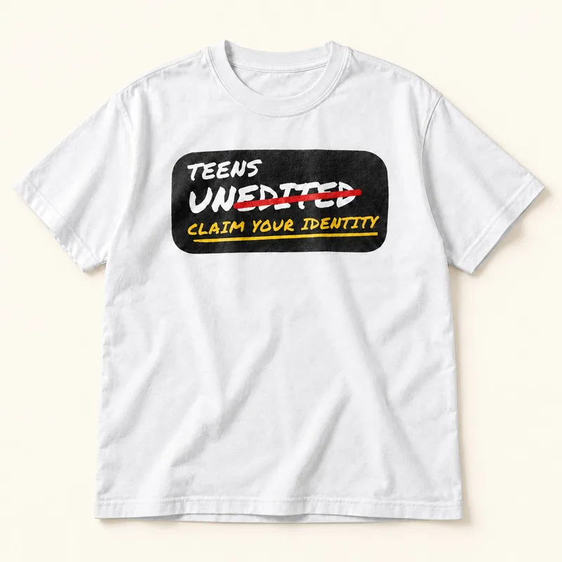 White tee with the Teens UnEdited badge
