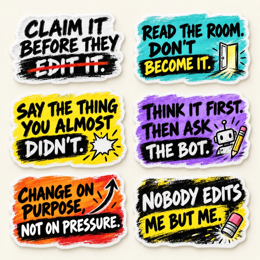 Six die-cut stickers with lines like Claim it before they edit it and Nobody edits me but me