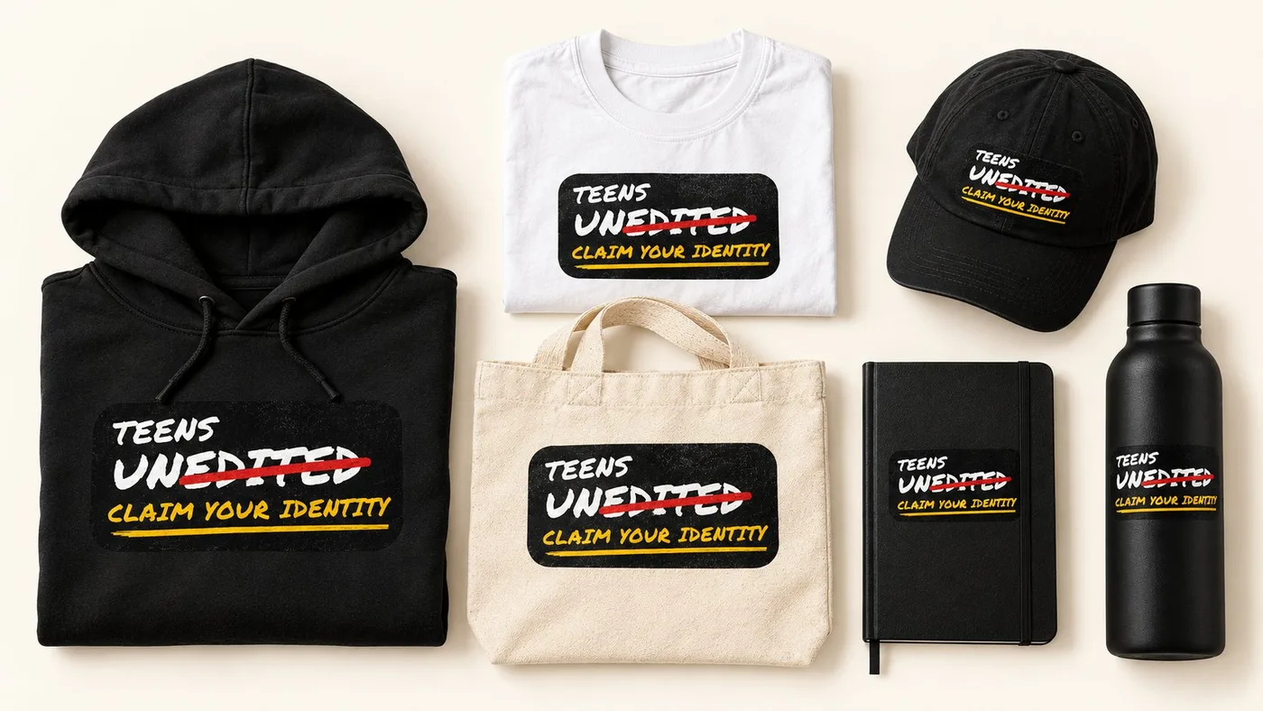 The Teens UnEdited core line: hoodie, tee, cap, tote, notebook and bottle