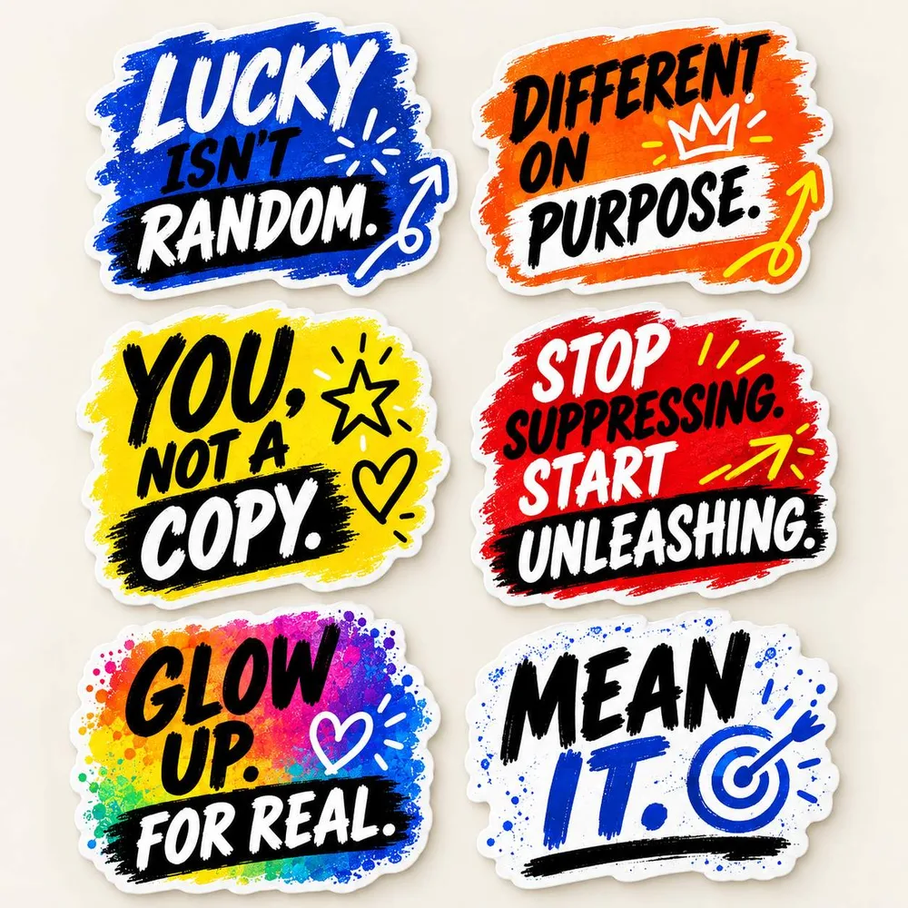 Six die-cut stickers, one for each Teens UnEdited book, from Lucky Isn't Random to Mean It