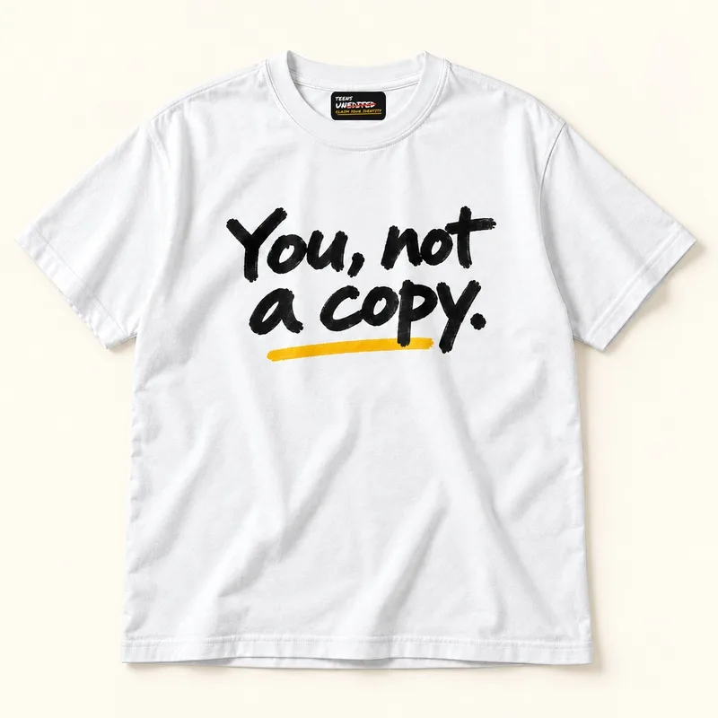 White tee reading You, not a copy.