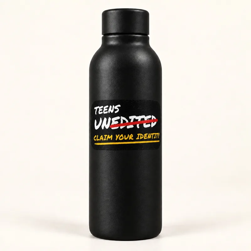 Black water bottle with the Teens UnEdited badge