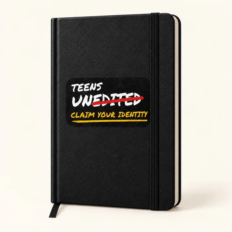 Black hardcover notebook with the Teens UnEdited badge