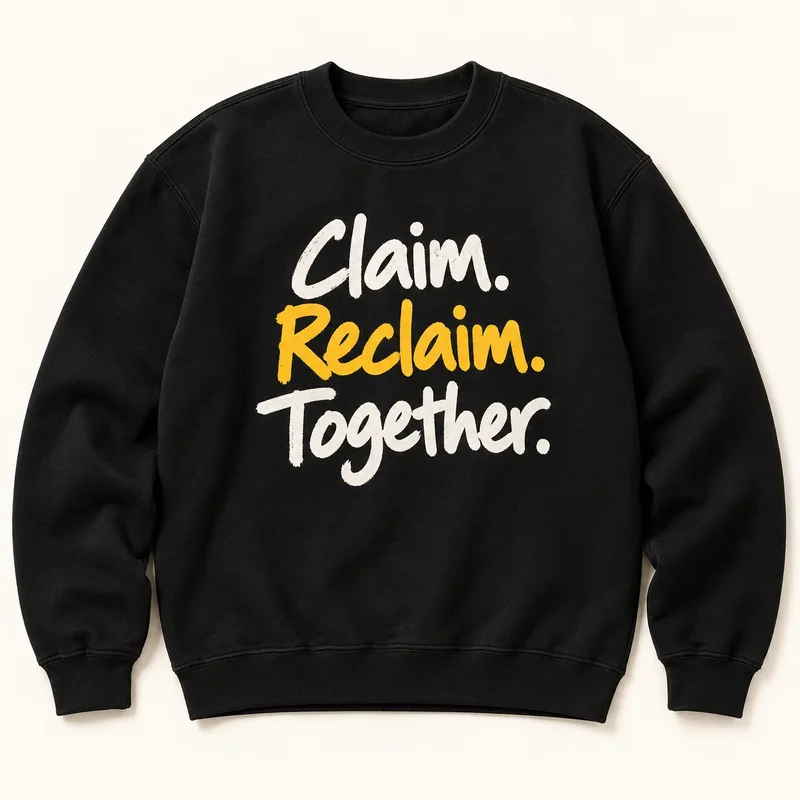 Black crewneck reading Claim. Reclaim. Together.
