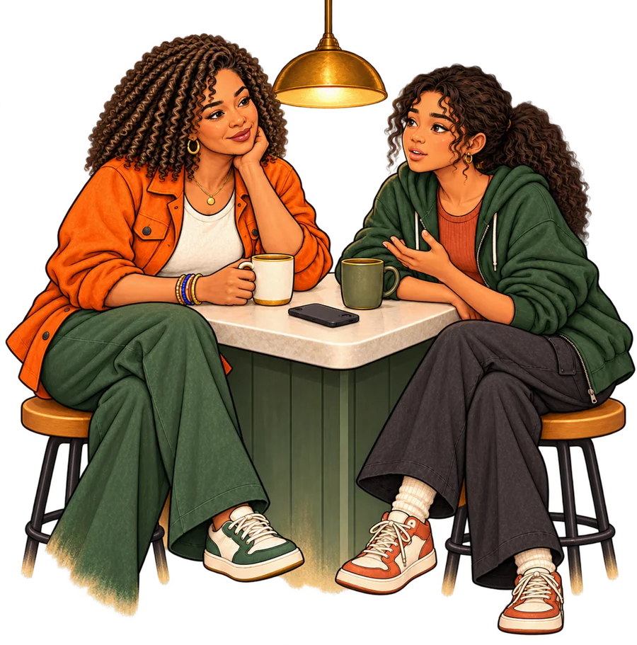 A mom and her teenage daughter talking at the kitchen counter