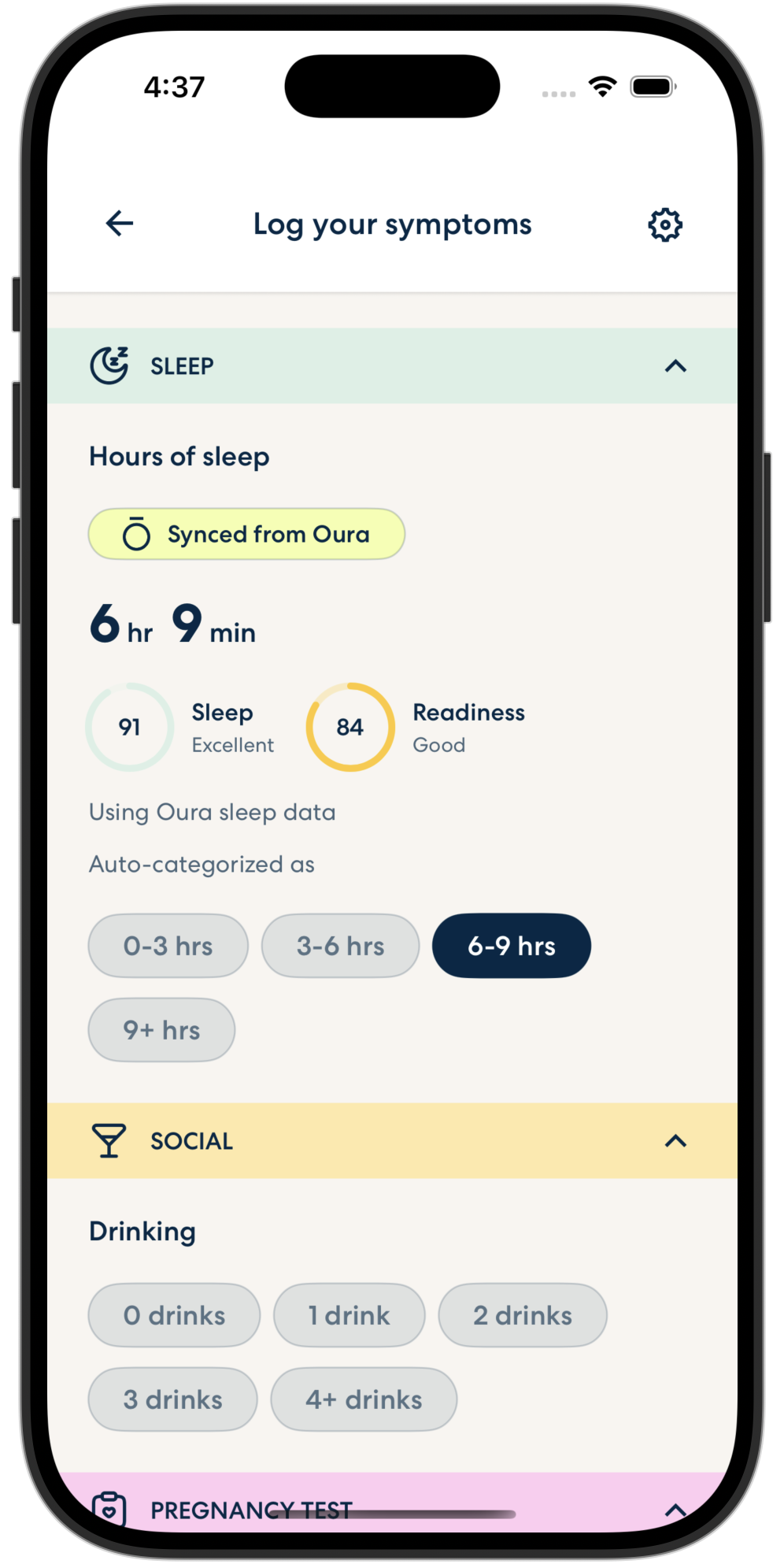 Oova app symptom log showing sleep and readiness scores synced from Oura