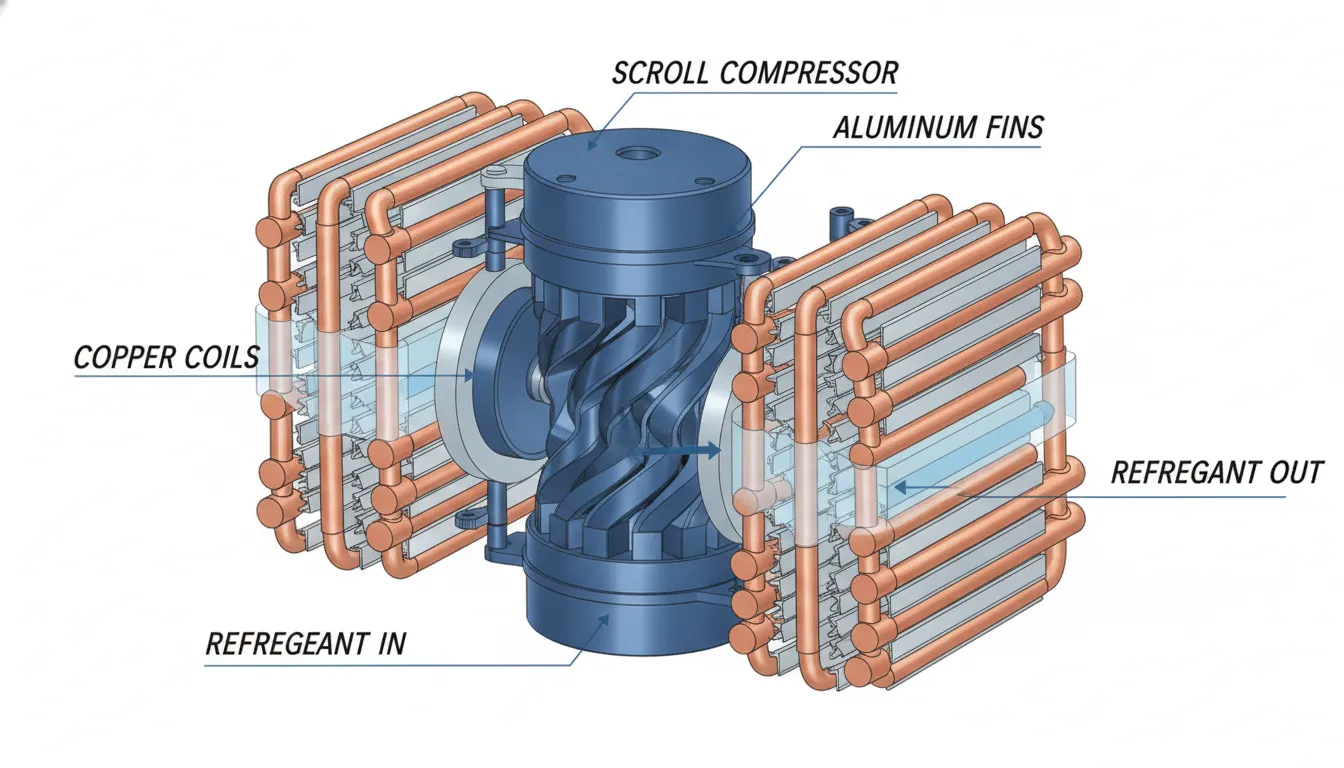 Close-up view of a high-efficiency air conditioner compressor and corrosion-resistant coils