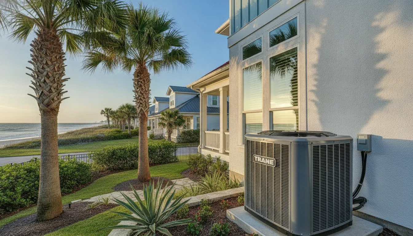Modern Trane air conditioning unit installed outside a coastal Texas home with palm trees
