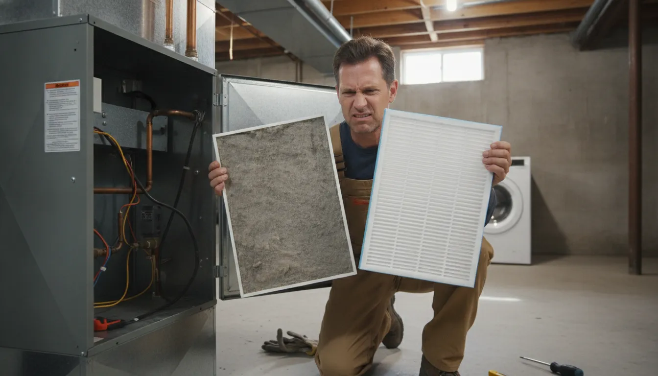 Dirty AC air filter next to a clean replacement filter showing the contrast