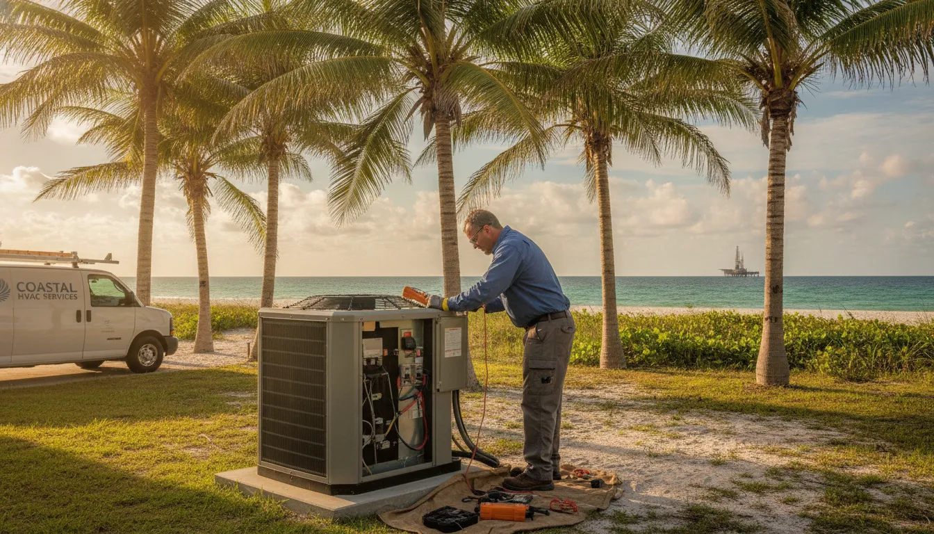 HVAC technician inspecting an outdoor air conditioning unit near the Texas Gulf Coast