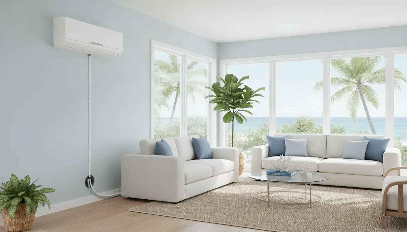 Ductless mini-split wall unit installed in a sunroom with large windows overlooking palm trees