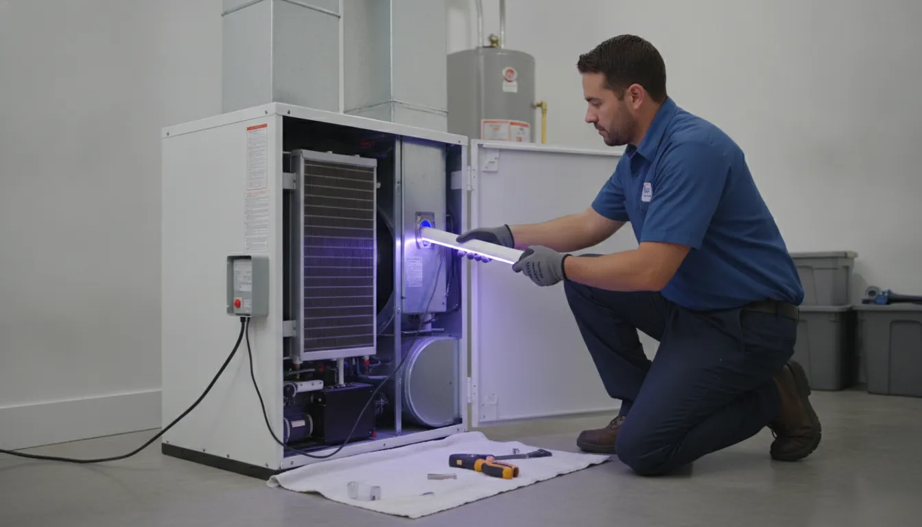 Professional installation of a UV air purifier inside an HVAC air handler unit