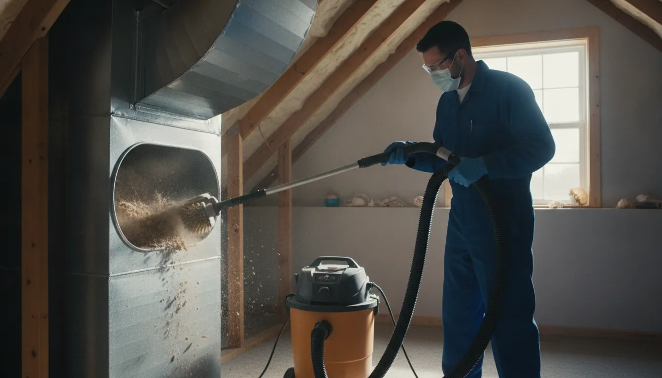HVAC technician using high-power vacuum tools to clean residential air ducts