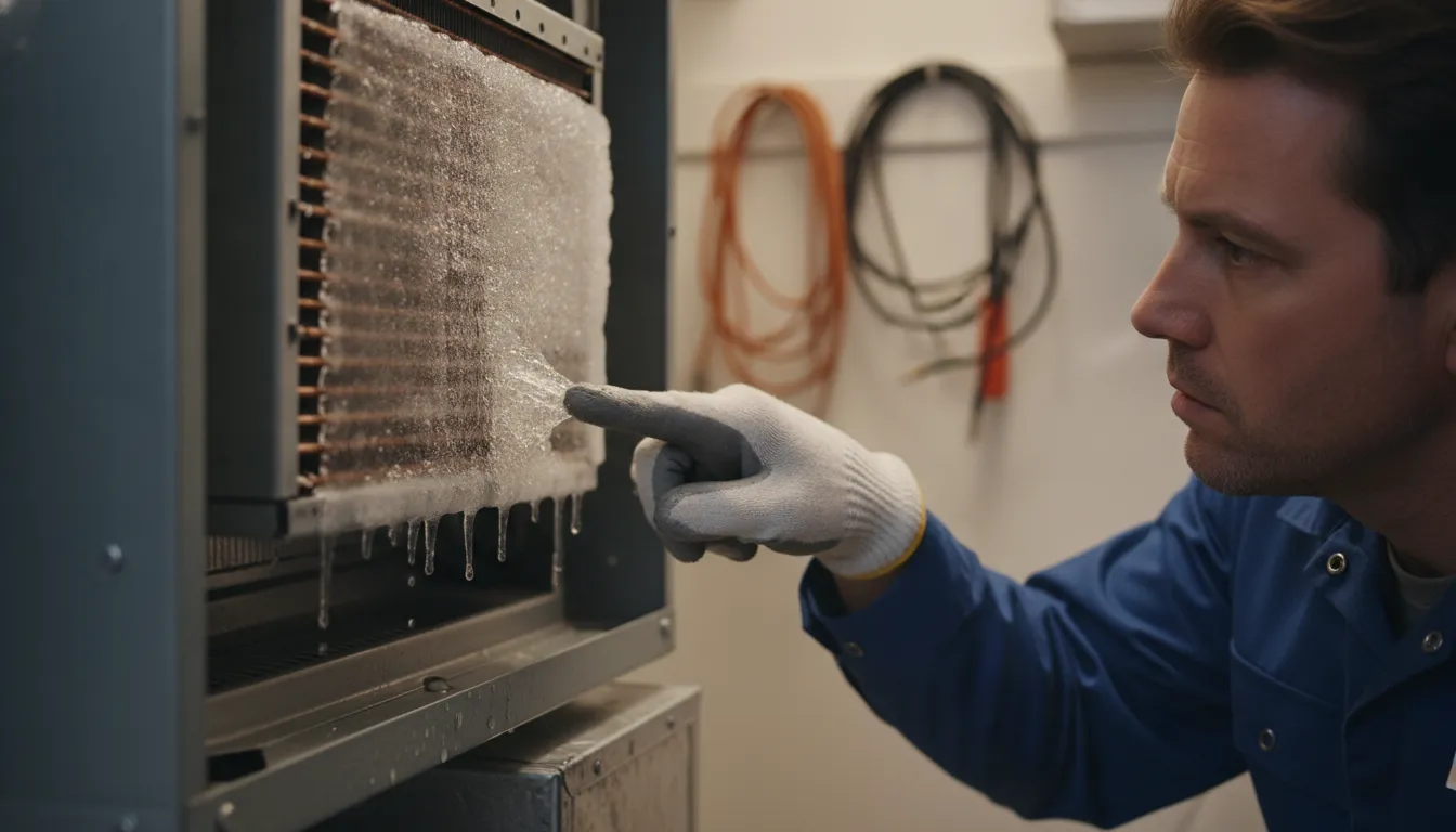 HVAC technician inspecting a frozen evaporator coil with visible ice inside an air handler