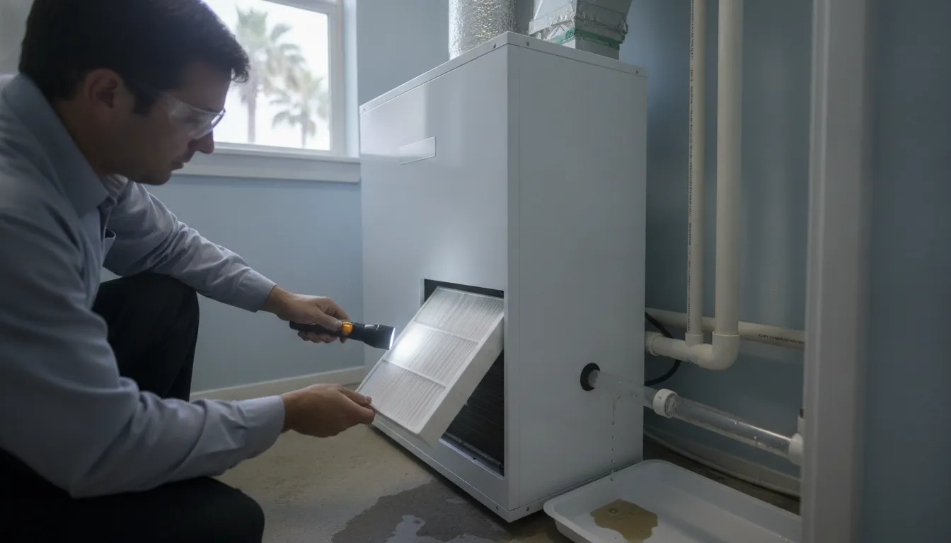 Homeowner checking a clean residential heat pump air filter for Gulf Coast dust and humidity