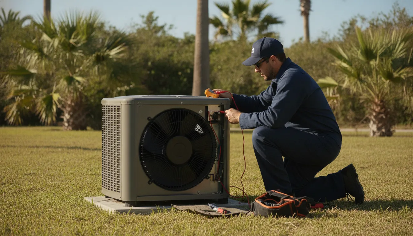 Technician servicing the outdoor coil and fins of a heat pump at a Corpus Christi home
