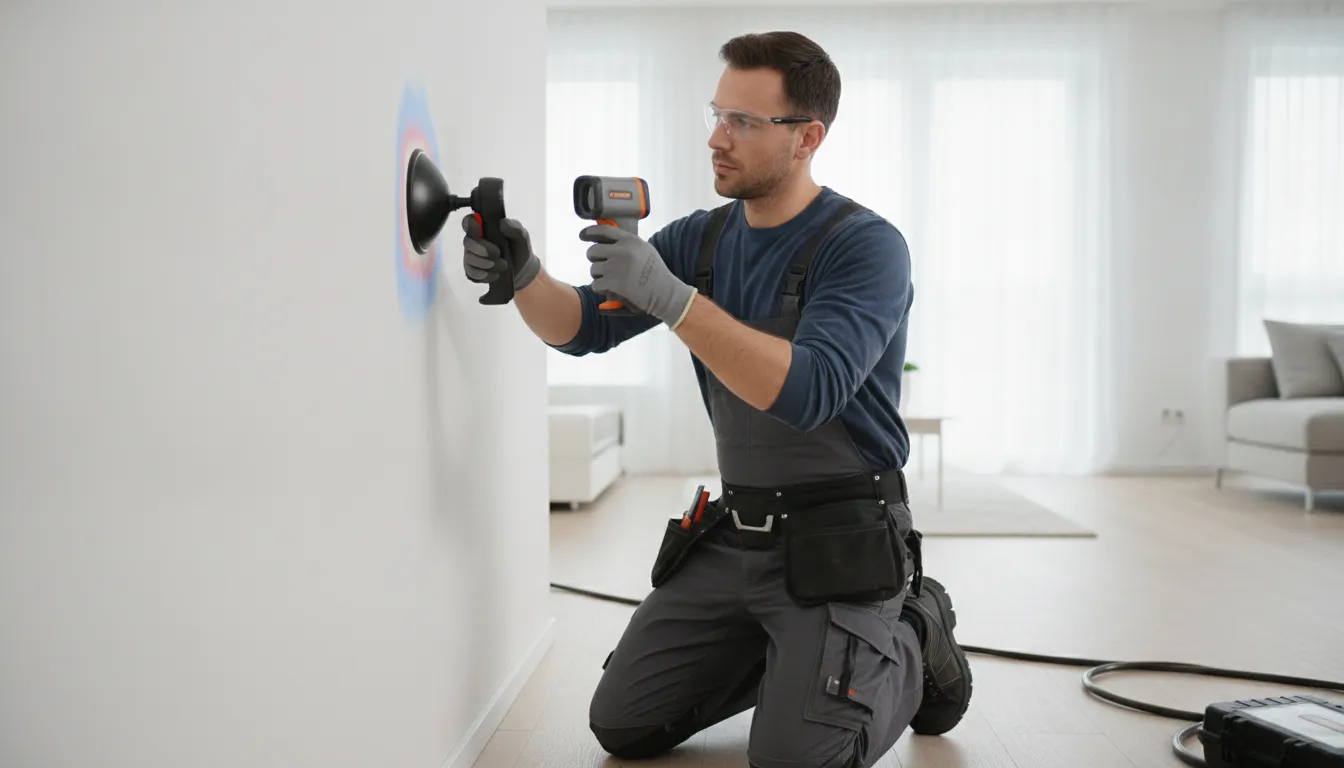 Technician using thermal and acoustic tools to locate a concealed water leak