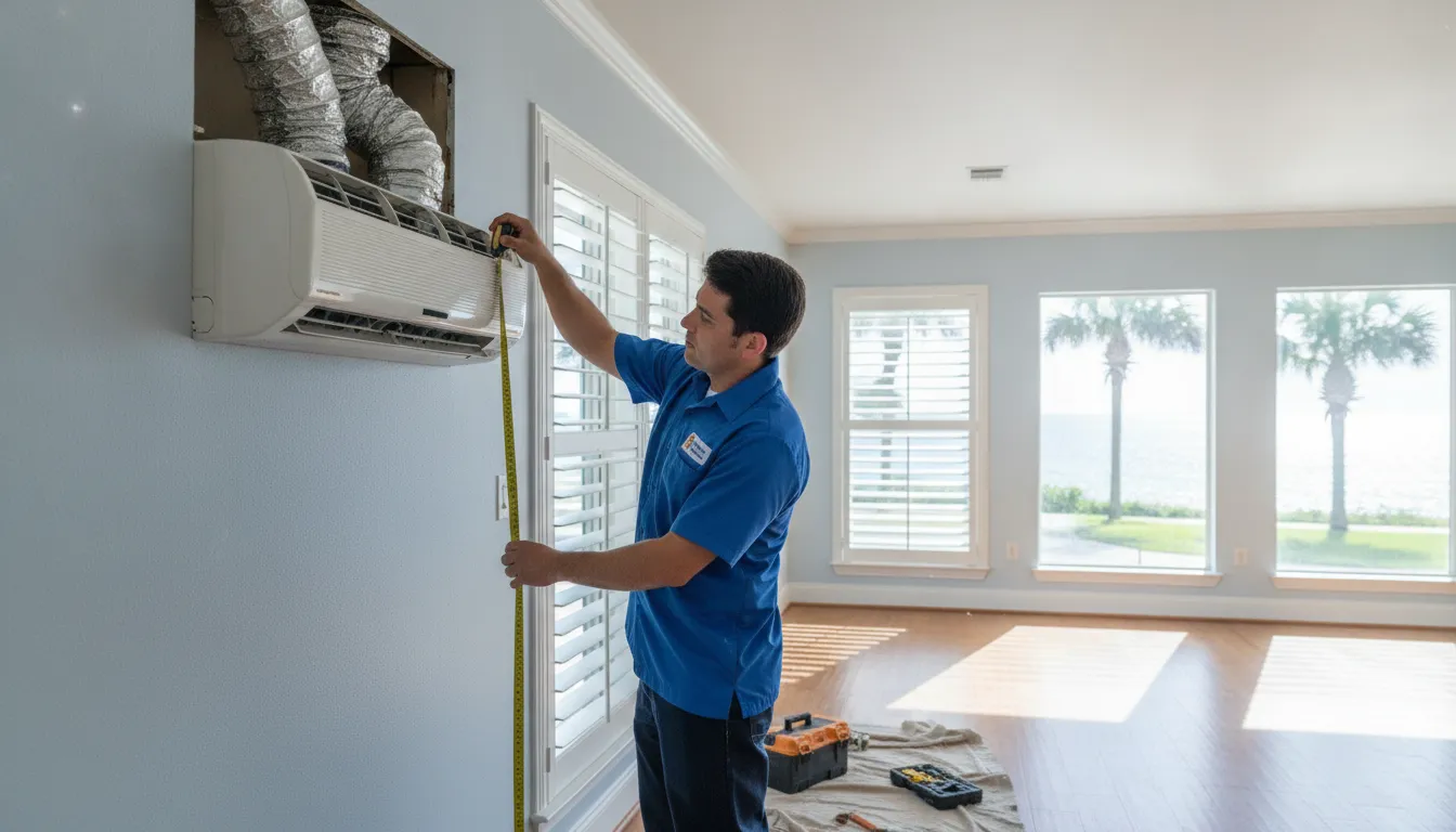 HVAC technician measuring a ductless air conditioning installation in a Gulf Coast home