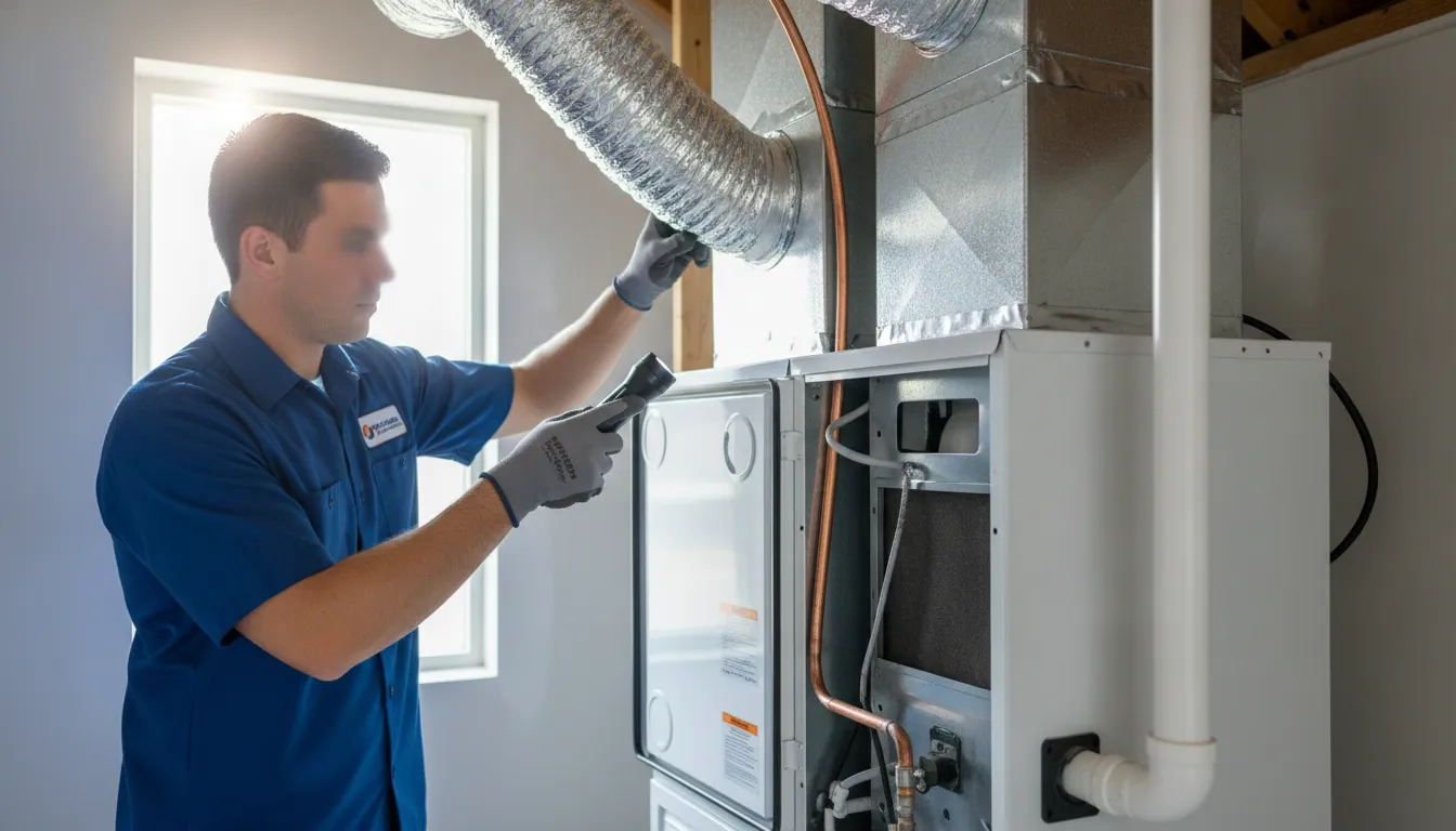 Technician inspecting residential HVAC ductwork and an indoor air handler