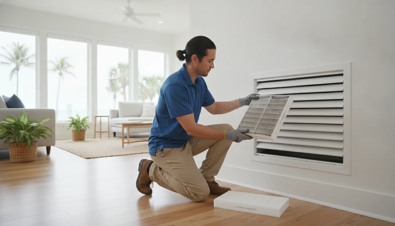 HVAC technician checking an air filter beside a residential return vent