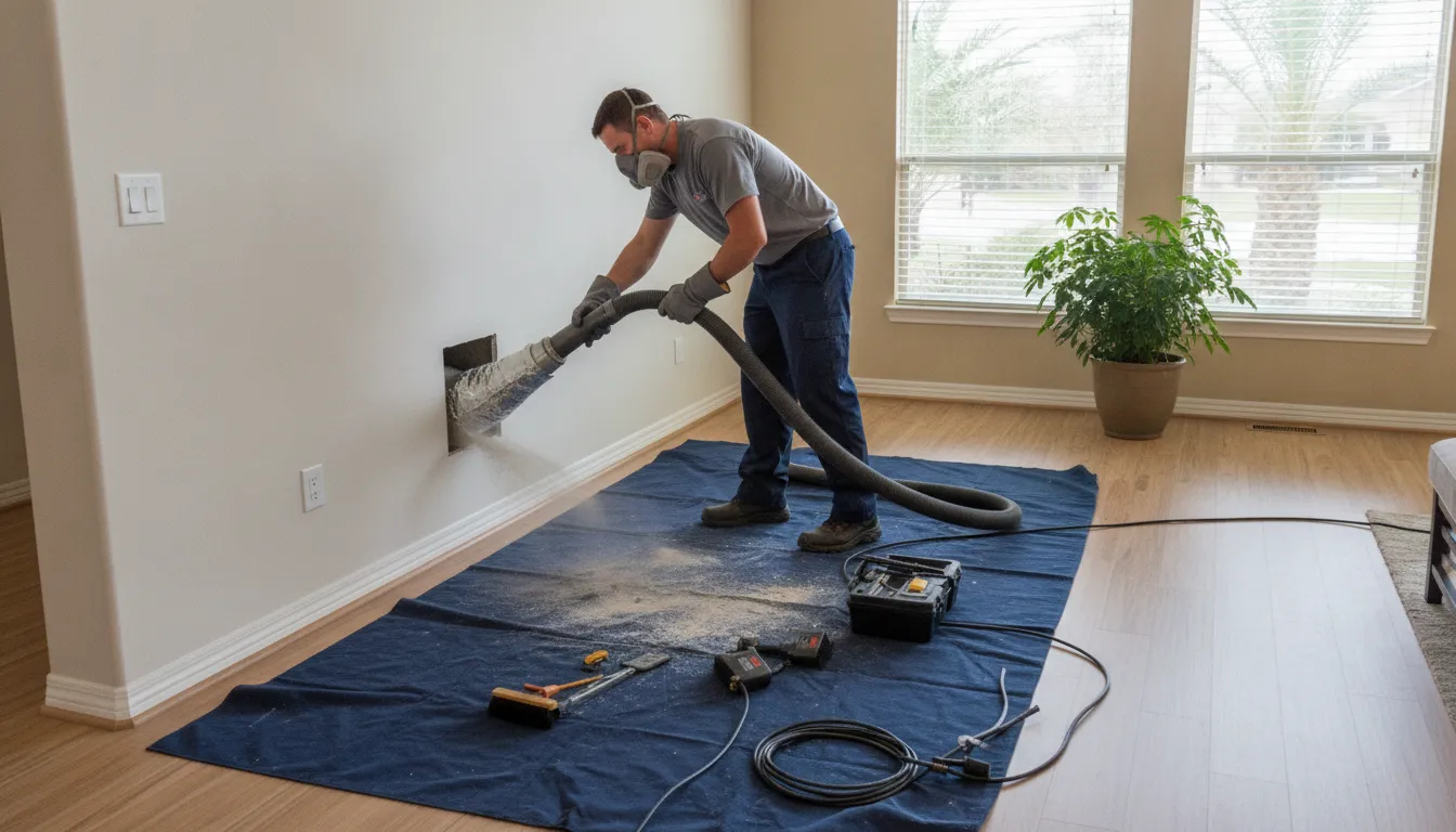 HVAC technician using a vacuum at a residential duct access panel