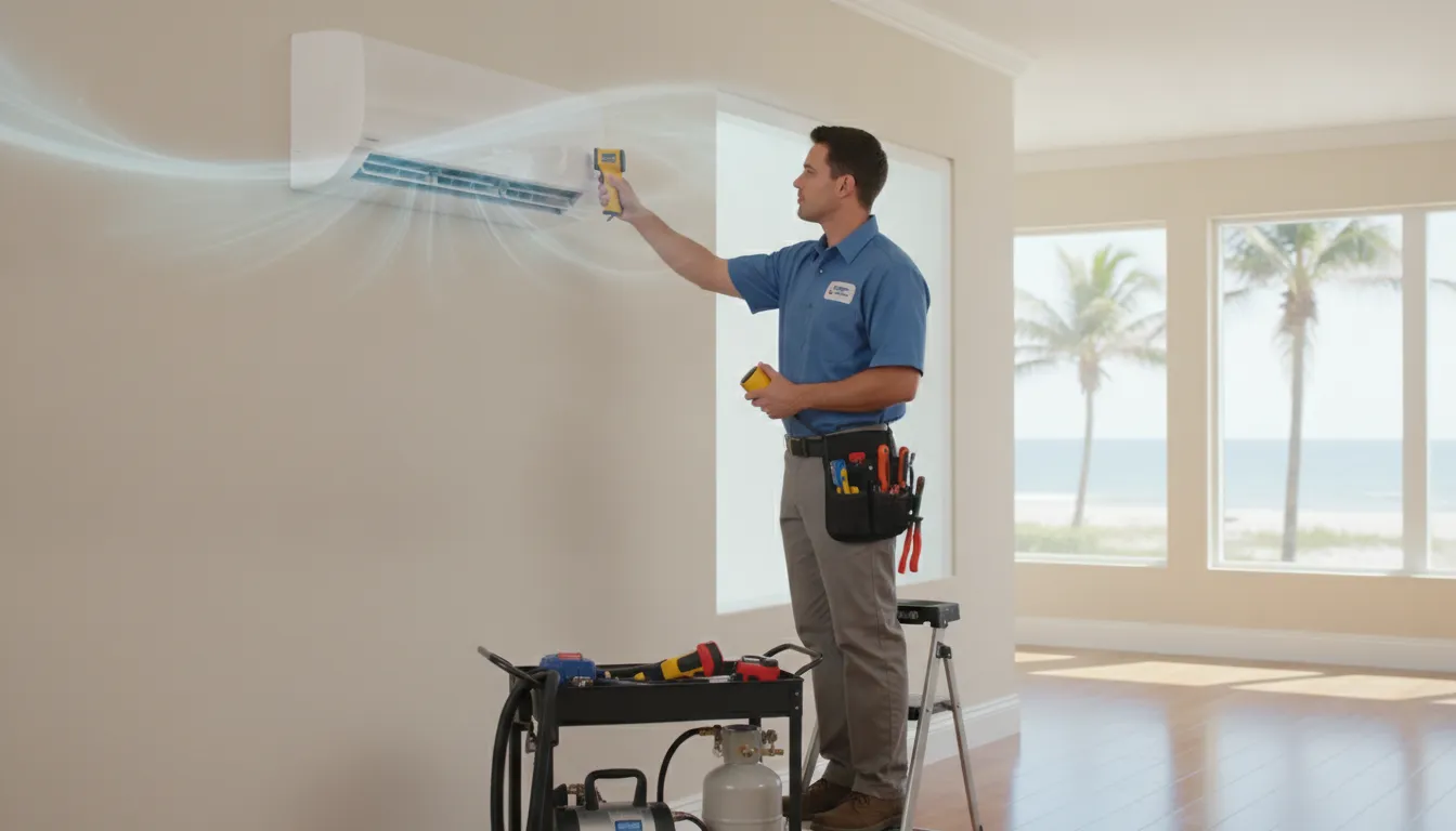 HVAC technician inspecting a wall-mounted ductless mini-split in a Gulf Coast home