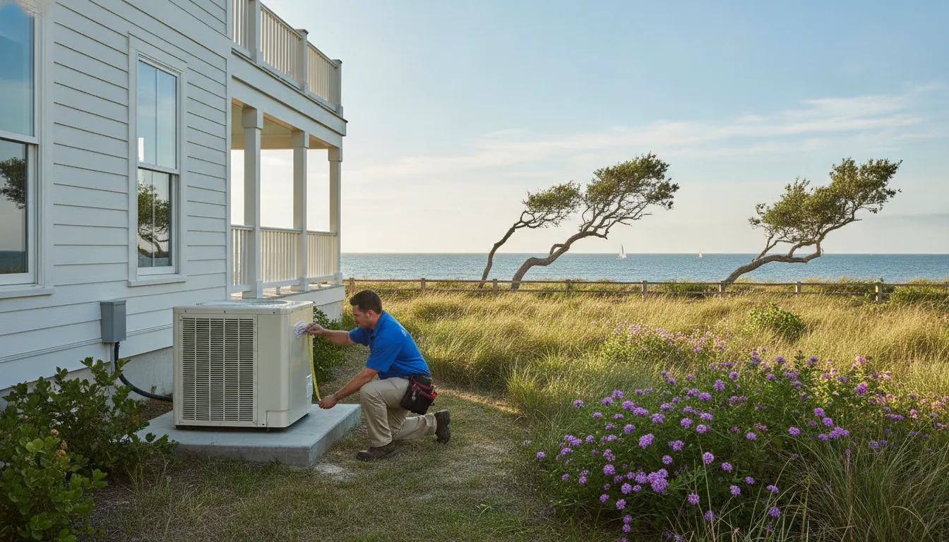 Technician checking an outdoor ductless mini-split condenser near a coastal Texas home
