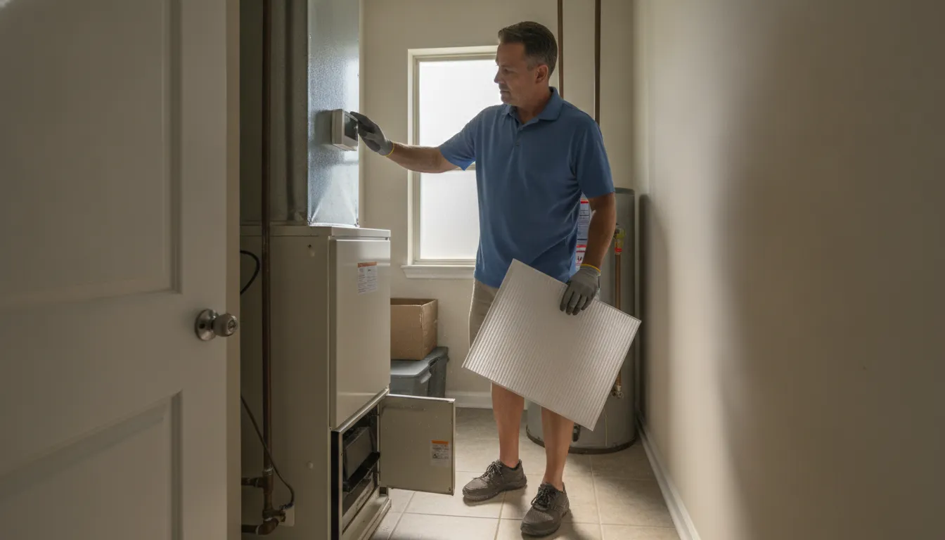 Homeowner checking a thermostat and furnace filter