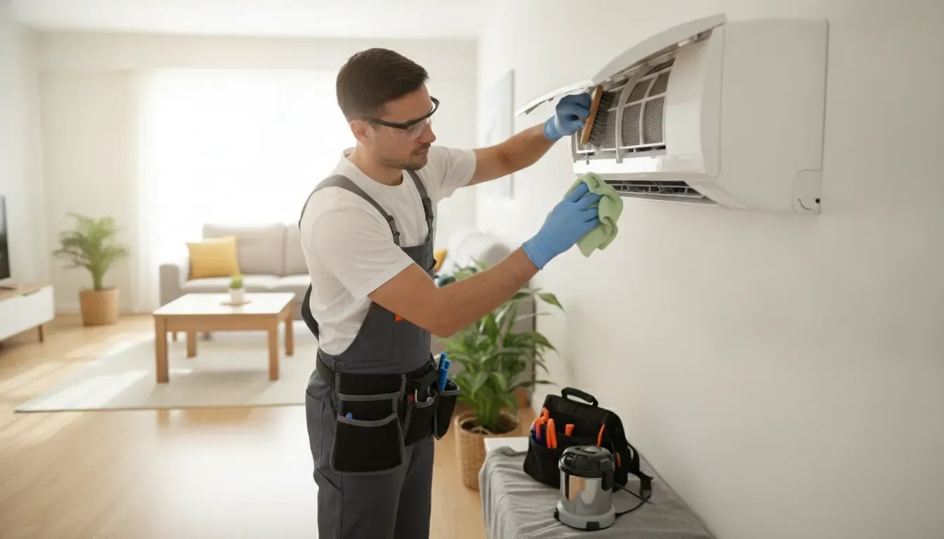 Technician inspecting the indoor unit of a split air conditioner