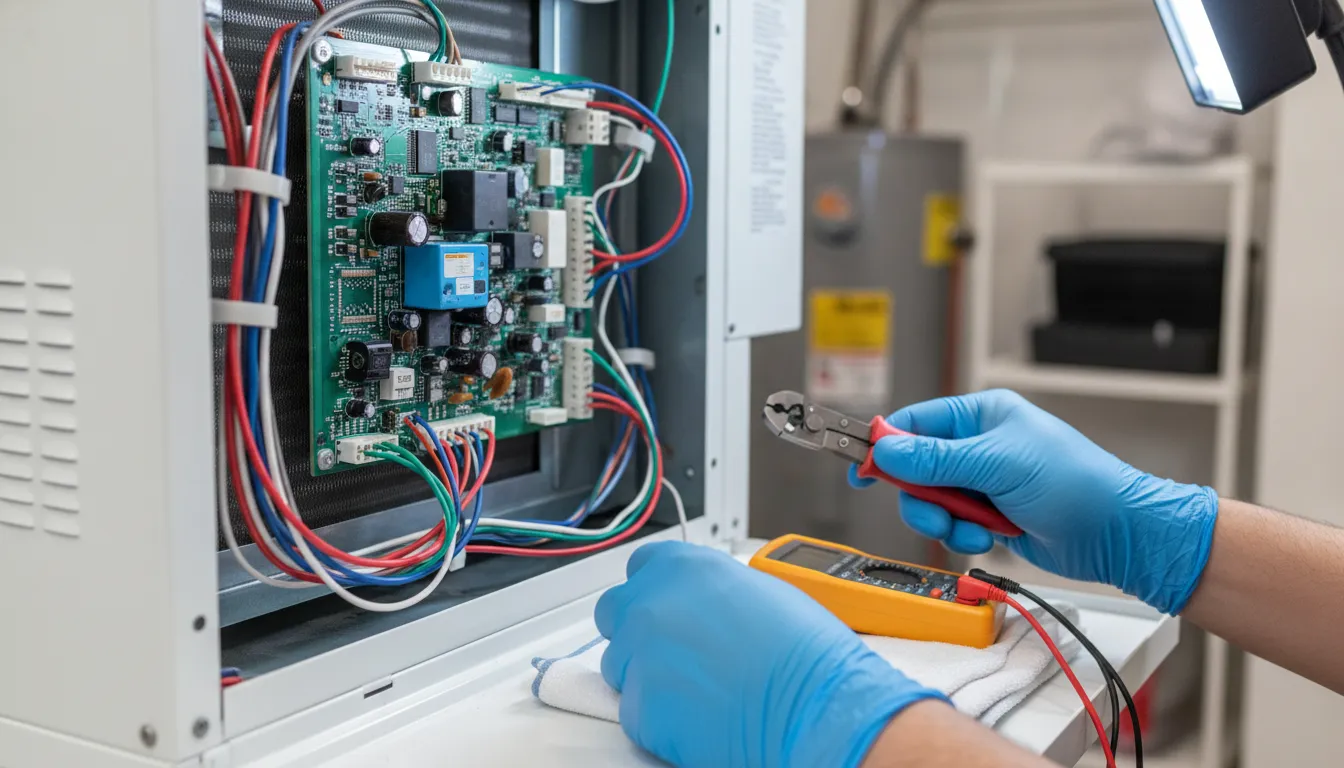 Technician installing a wall thermostat in a comfortable home