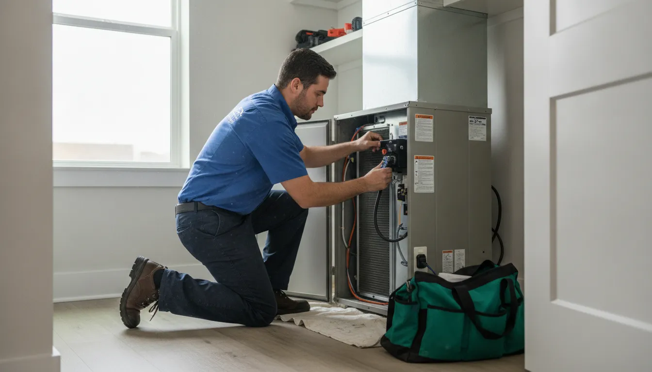 Technician inspecting the main parts in a residential HVAC system