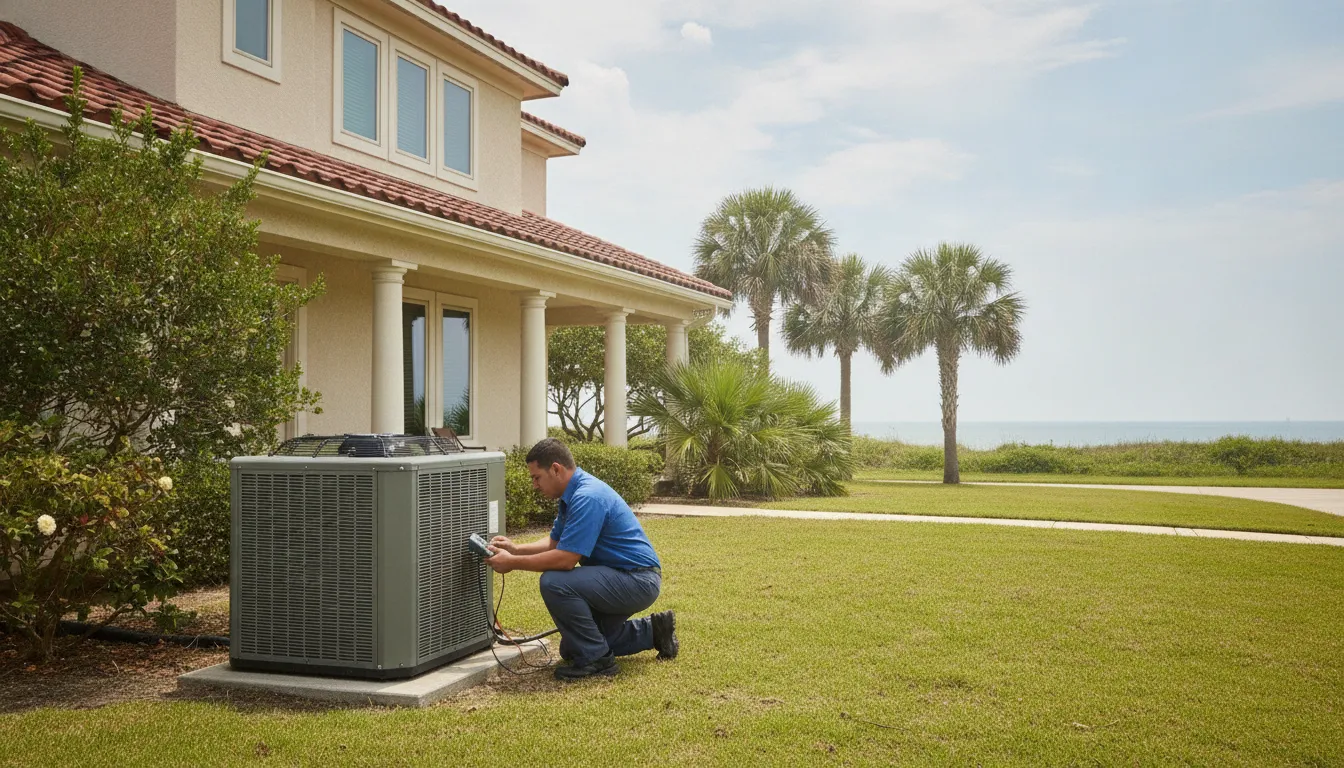 Technician performing HVAC maintenance on outdoor equipment