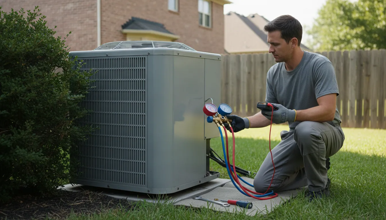 HVAC technician checking an outdoor compressor