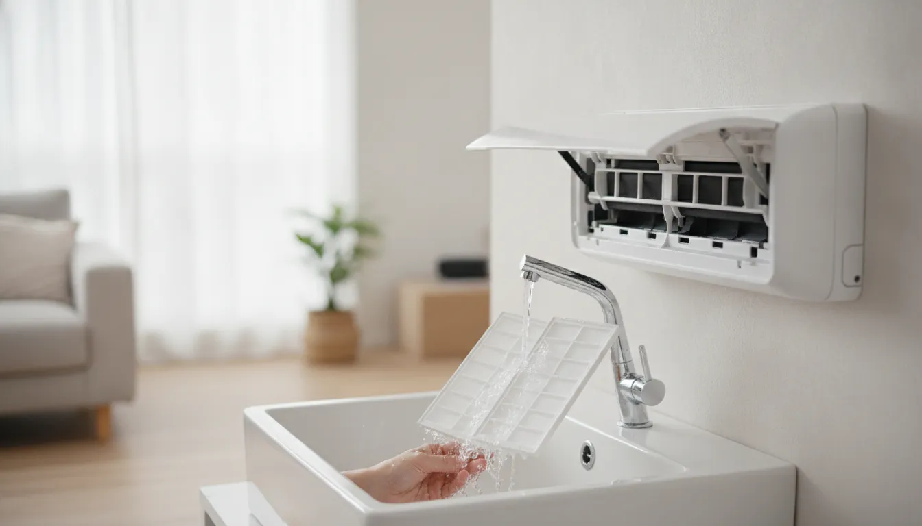 Washable ductless mini-split filters beside an indoor air handler