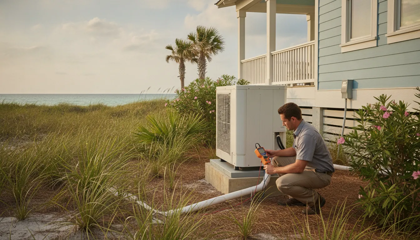HVAC technician inspecting a ductless mini-split outdoor condenser