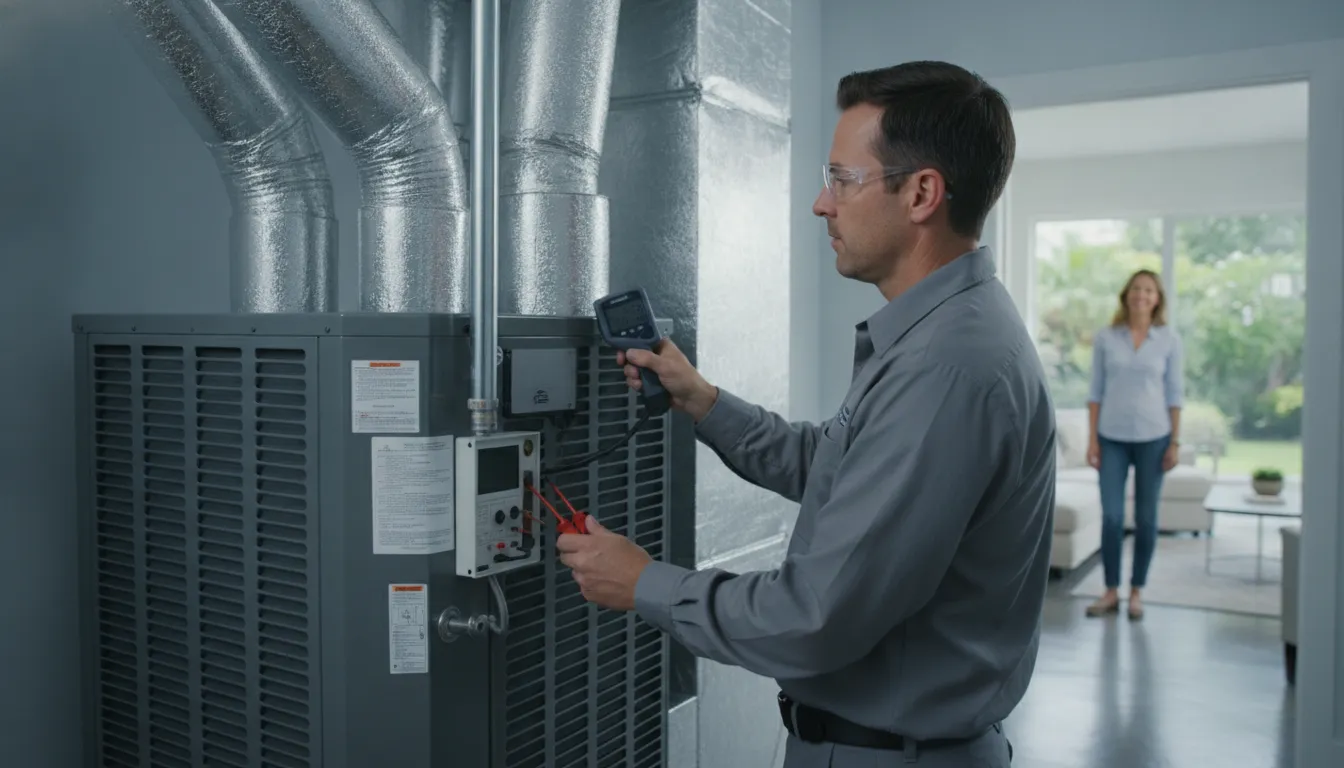 HVAC technician inspecting staged system airflow and controls