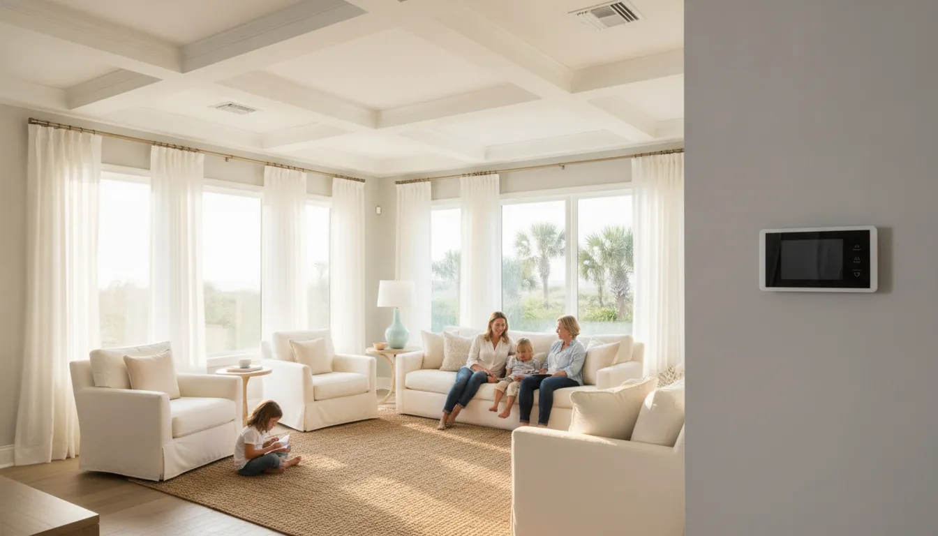 Family enjoying steady indoor comfort in a Gulf Coast home