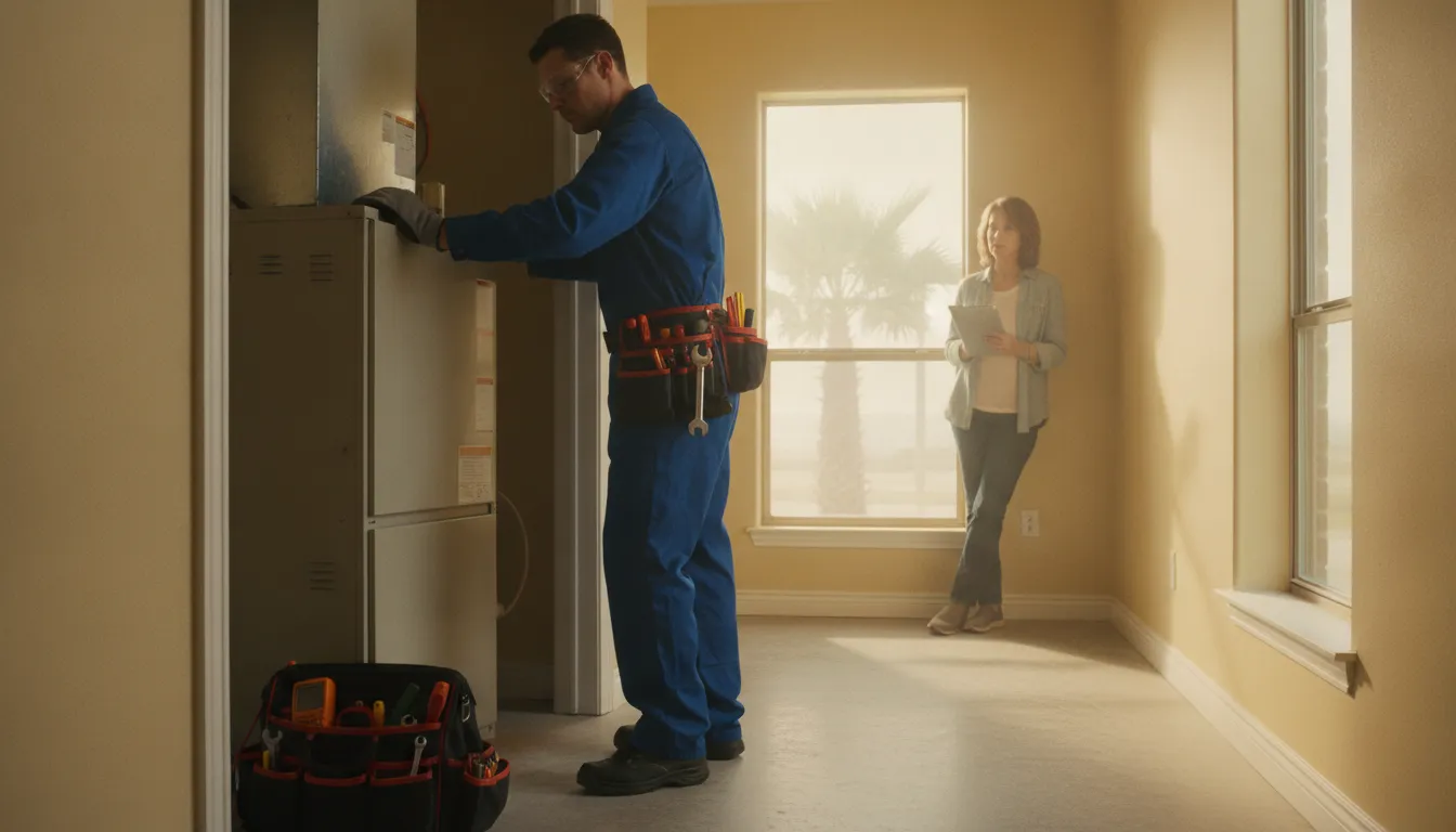HVAC technician safely inspecting a residential furnace